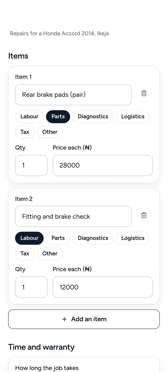 Building a quote in the Veecu service provider app with parts and labour items