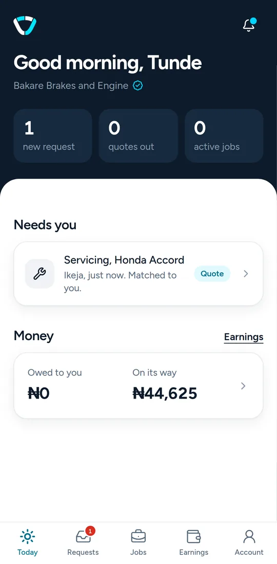 Veecu service provider app showing new requests, active jobs and money owed